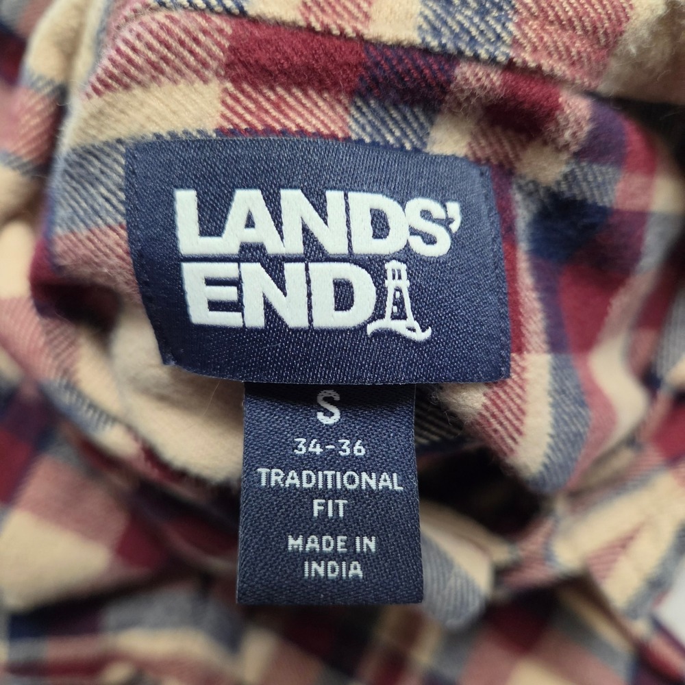 Lands End Mens Small Traditional Fit Plaid Flannel Shirt Burgundy Navy - Picture 6 of 8